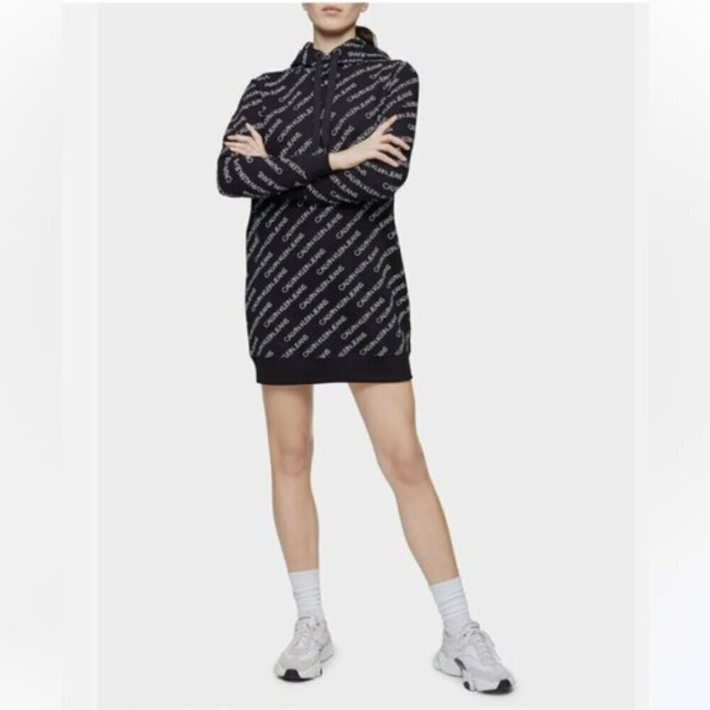 CALVIN KLEIN- NEW Sweater Dress with Hoodie and All Over CK Print Size M